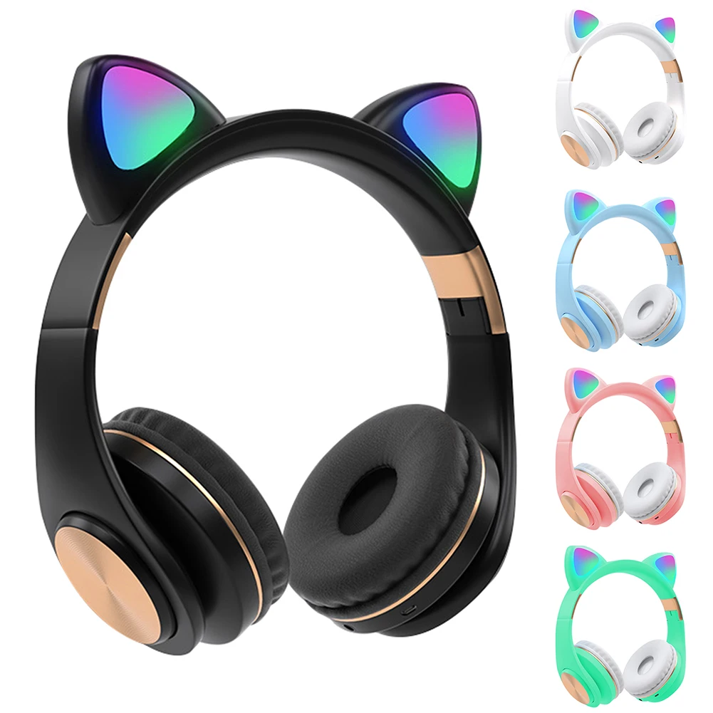Calling Gaming Wireless Bluetooth Headset With LED Light Gift HIFI Cat Ear Stereo Sound Noise Cancelling Cute Glowing FM Radio