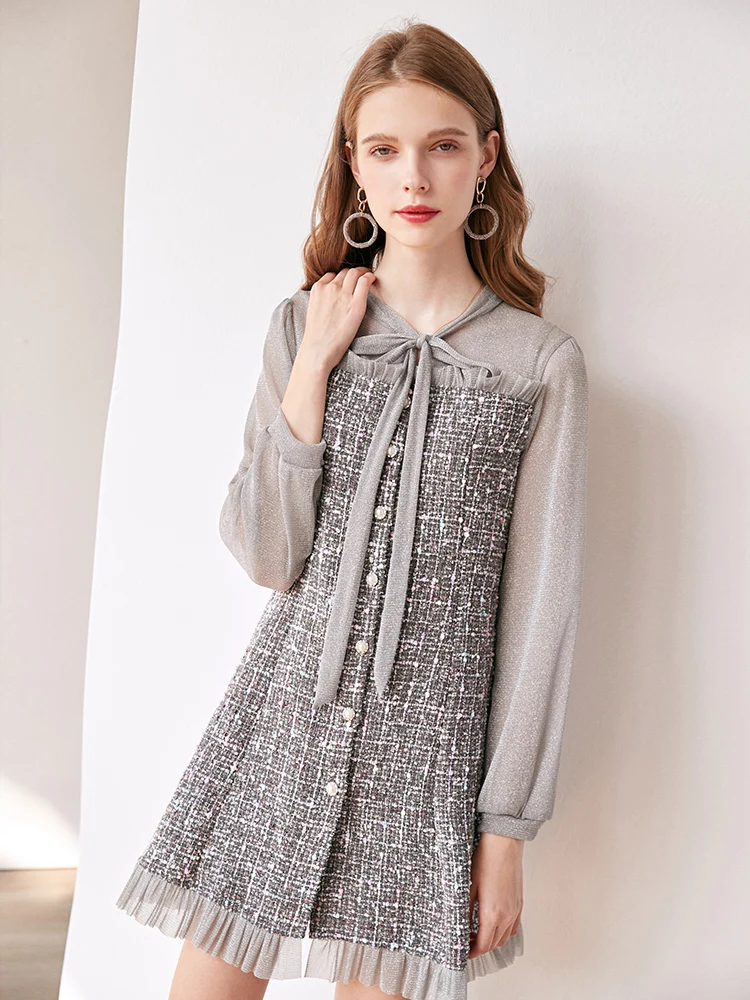 

Light Mature Female 2020 Autumn and Winter New Mesh Gauze Bright Silk Collar Stitching Thick Woolen Wood Ear Dresses Vestido