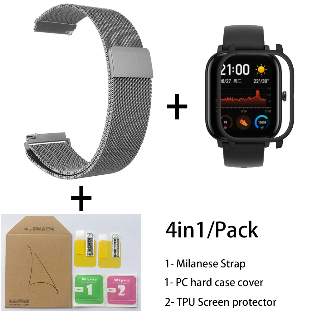 Gray-Black 4в1 для Xiaomi Huami Amazfit GTS Ремешок Браслет из Миланского нержавеющей стали Smartwatch Браслет amazfit gts защитный чехол для экрана - Цвет: Gray-Black