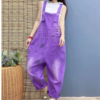 

Wide Leg Bib Denim Overalls Baggy Suspenders Pocket Straight Cargo Pant Overalls Women Streetwear Vintage Purple Trouser Romper