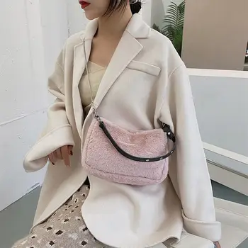 

Autumn Winter Fashion Women Underarm Pack Shoulder Messenger Bag Female Plush Handbag Simple Soft Warm Fluffy Totes