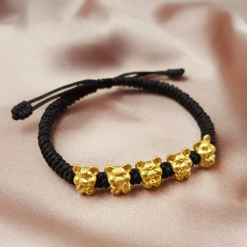 Настоящая 24 к 999 желтая 3D золотая цепочка год мыши 5 шт. браслет со знаком зодиака плетение веревка для женщин мужчин женский браслет 1 г 6," L - Цвет камня: Black Rope Style 1