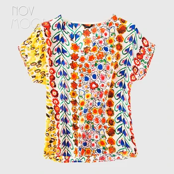 

Novmoop fashion and loose floral printed style women summer autumn colorful V-neck natural silk shirt camisetas mujer LT3130