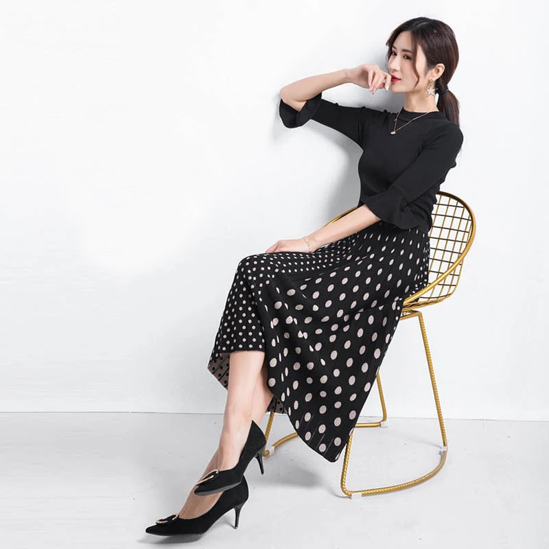 Sherhure High Waist Dots Print Knitted Women Winter A-Line Long Skirt Fashion Autumn Brown Skirt Faldas Jupe Femme Saia