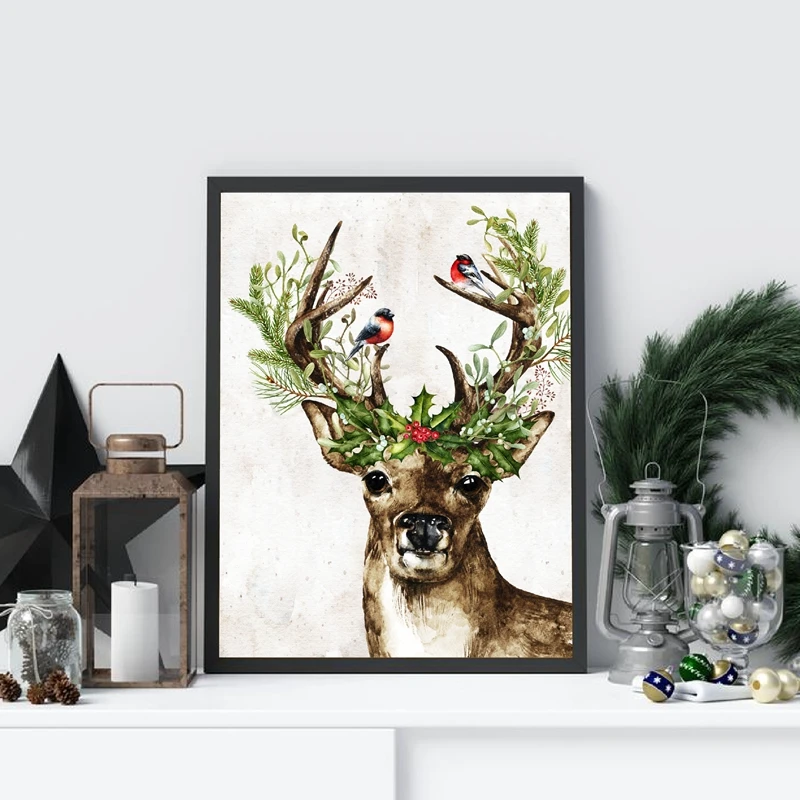 Woodland-Animal-Deer-Print-Winter-Holly-Berries-Christmas-Holiday-Decoration-Poster-Wall-Art-Canvas-Painting-Farmhouse