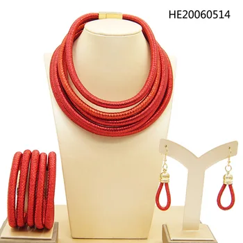 

Yulaili Trendy Multilayer Red Color Choker Necklaces Bracelet Earrings for Women Rope Magnetism Button African Jewellery