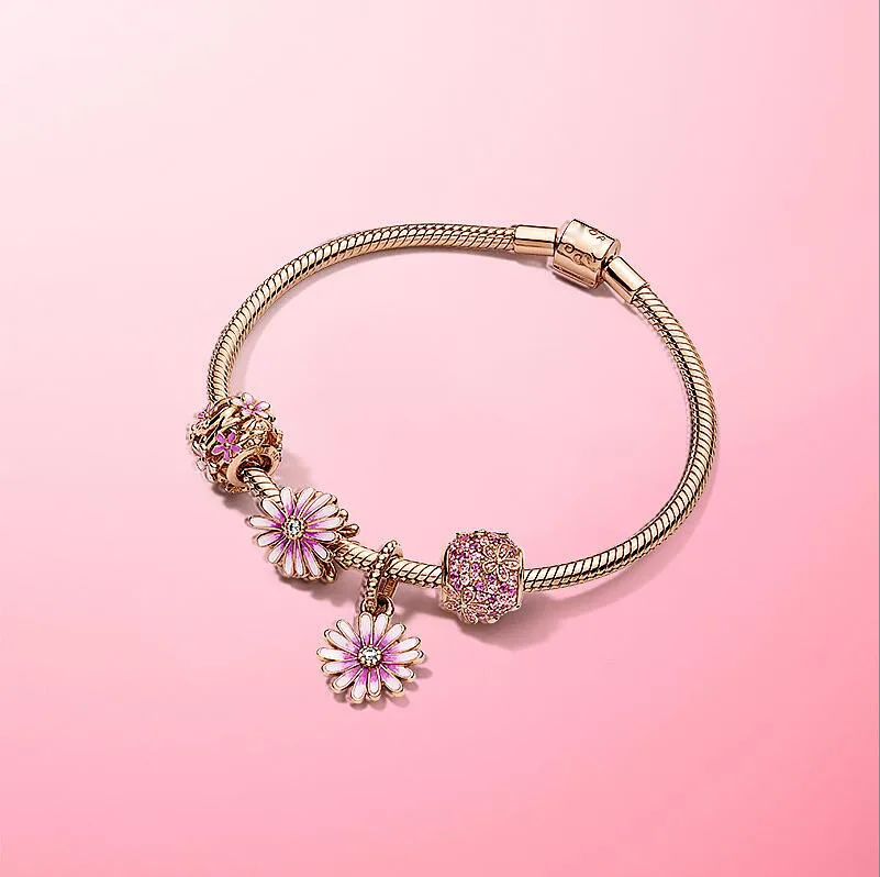

2020 New 925 Pure Silver Rose Gold Shining Daisy Bracelet Set Fashion Romantic Sweet Gift Pan Bracelets Pan Charms For Women Gif