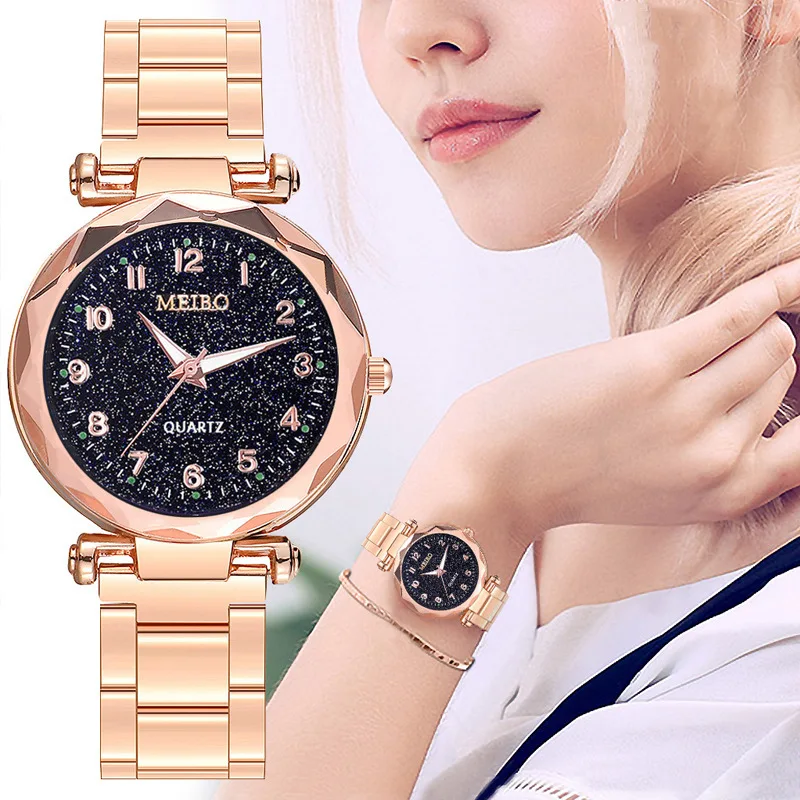 

2020 Hot Sale Ms Contracted Fashion Alloy Steel With Digital Sky Watches Three Needle Circular Dial Ladies Leisure Quartz Watch