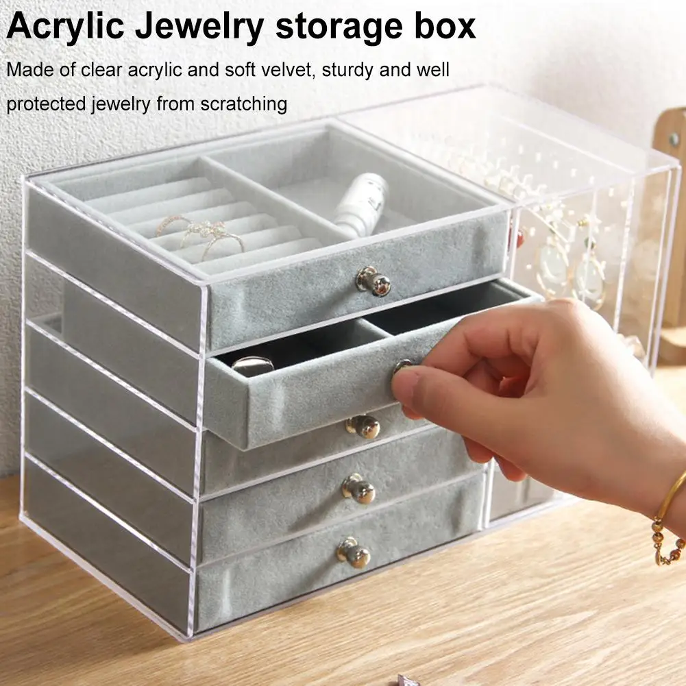 

Acrylic Jewelry Organizer 5 Drawers 2 Earring Hanger Two-in-one, Clear Rings Bracelets Necklaces Box For Women, Girls Gift