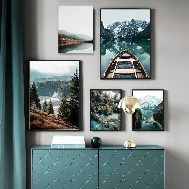 Scandinavo Natura Paesaggio Wall Art Poster Mountain Lake Boat Nordic Canvas Painting Stampa Immagini Modern Home Decor