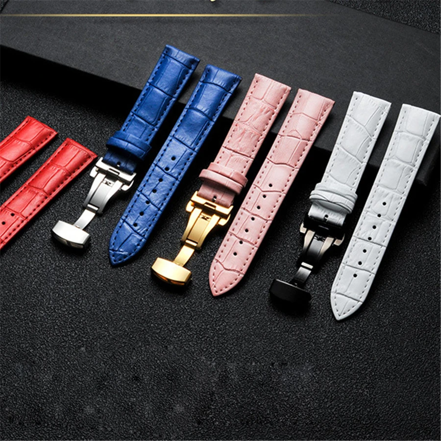 Genuine Leather Watch Band Strap Stainless Steel Butterfly Clasp 14mm 15mm 16mm 17mm 18mm 19mm 20mm 22mm 24mm Watchband Gift