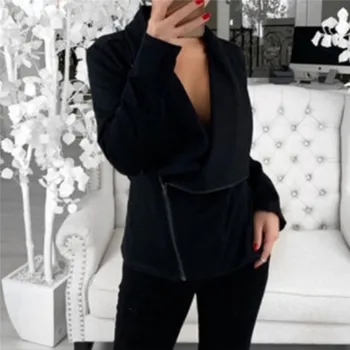 

Women Thin Turn-down Collar Coat Diagonal Zipper Neck Design Jacket Autumn Winter Casual Long Sleeve Solid Jacket Coats