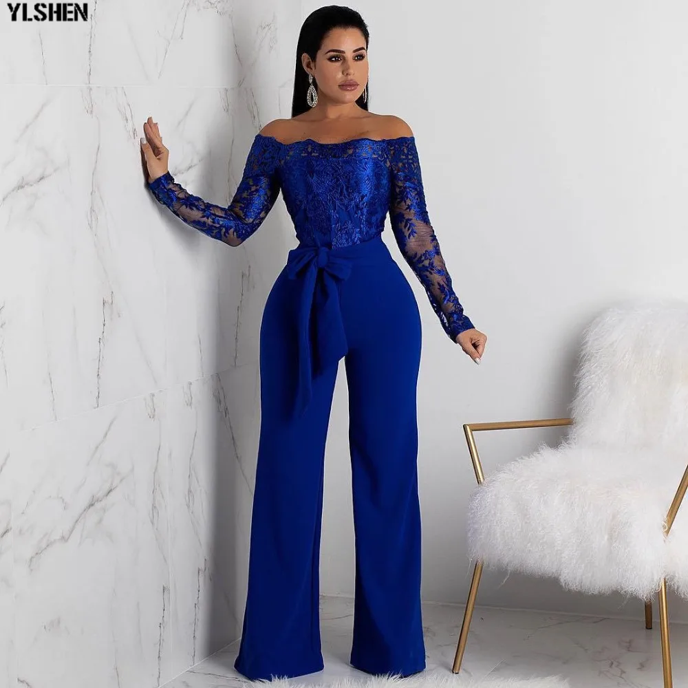 Women Jumpsuit Sexy Lace Ladies Jumpsuits Party Casual Wide Leg Overalls Off Shoulder Long Sleeve Romper Skinny Rompers Trousers 09