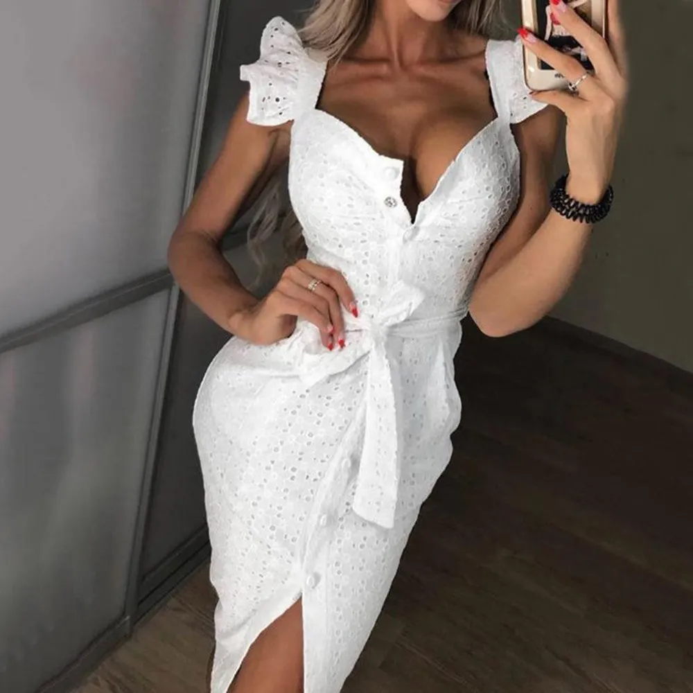 Wit Borduren Kanten Jurk Casual Vrouwen Ruches Vlinder Mouw Knoppen Bodycon Jurk Dames Party Sexy Jurk Wit Borduren Kanten Jurk Casual Vrouwen Ruches Vlinder Mouw Knoppen Bodycon Jurk Dames Party Sexy Jurk