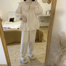 

winter thicken warm flannel pajama set peter pan collar trousers sleepwear ruffles home suit long sleeve pullover pijamas D038