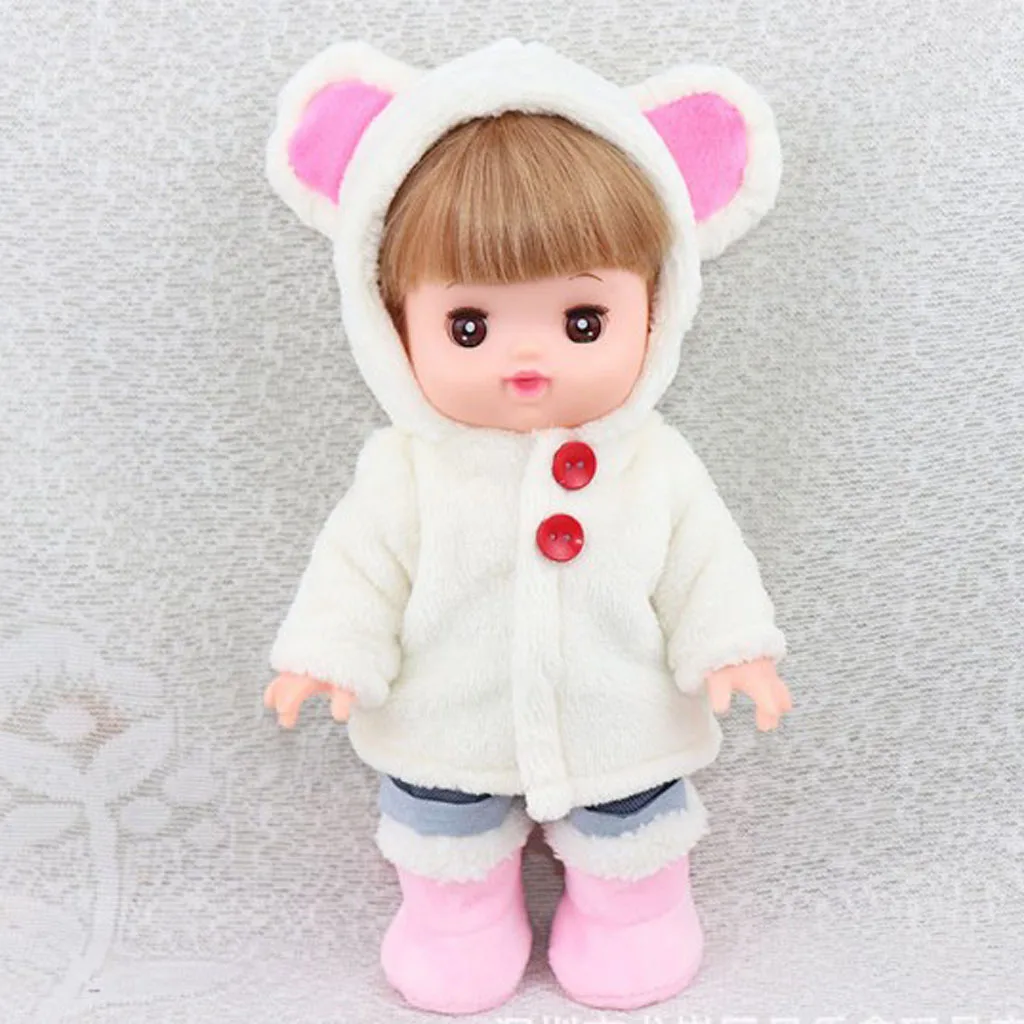 Handmade Winter Plush Coat with Ear Hat for 25cm Mellchan Doll Accs White