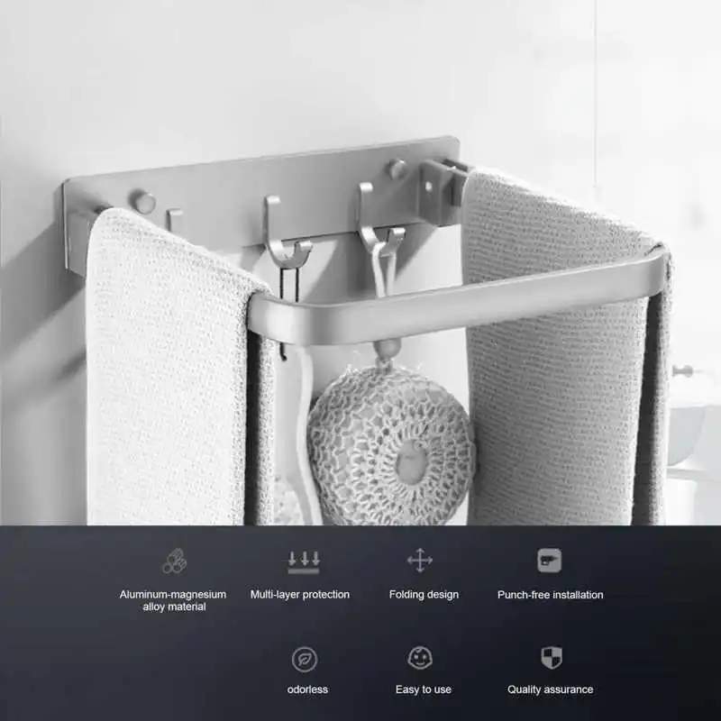 

Collapsible Bathroom Rack with Row Hooks Multifunctional Wall-Mounted Towel Shelf Holder Corner Storage Holder Shelves