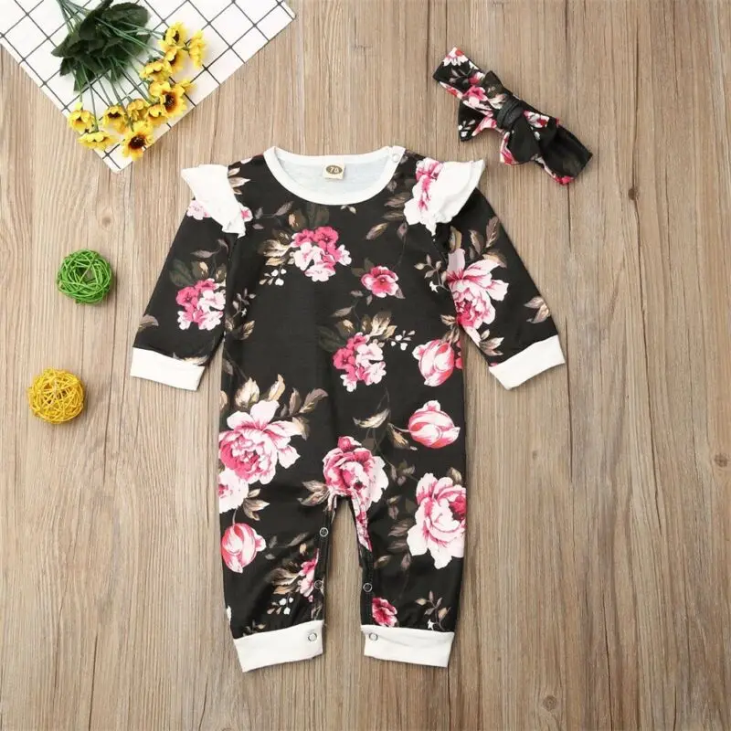 Goocheer/Новинка; одежда с цветочным рисунком для новорожденных девочек; цельнокроенный комбинезон с оборками и длинными рукавами; комбинезон; Повседневный хлопковый Детский костюм