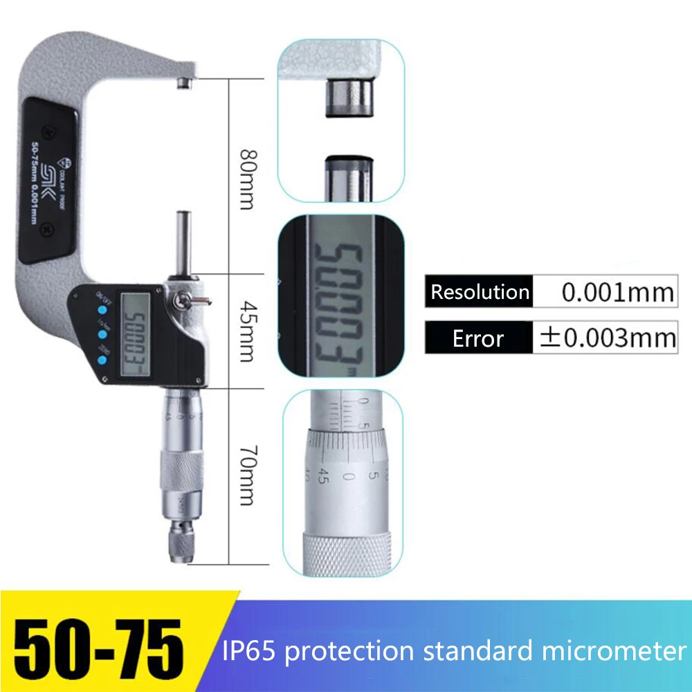 0-25-50-75-100mm IP65 Protection Level Digital Outside Micrometer Electronic Micrometer Gauge 0.001mm Accurate Measuring Tools