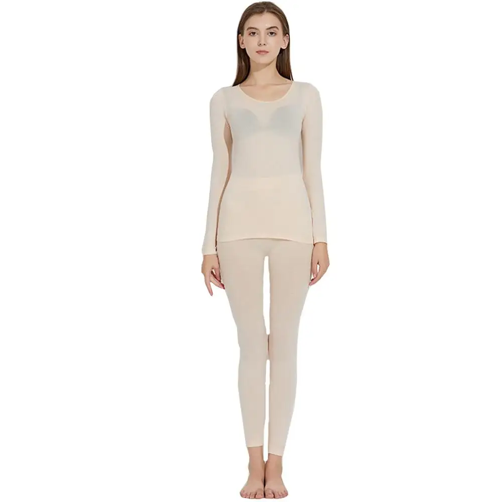 Beige Тонкое бесшовное эластичное термо нижнее белье костюм для женщин однотонное зимняя теплая Женская одежда - Цвет: Beige