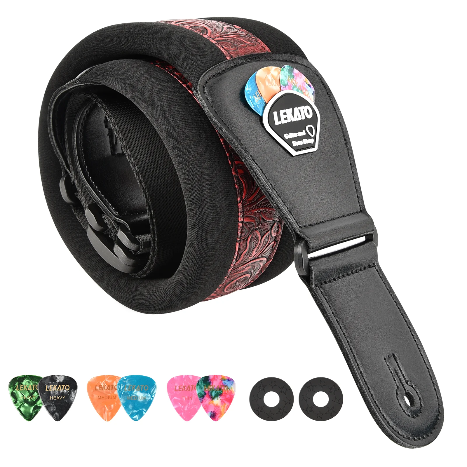 LEKATO LGS-2 Electric Guitar Strap Shoulder Belt Adjustable 3D Sponge Musical 3&quot Wide With Pick Holder | Спорт и развлечения