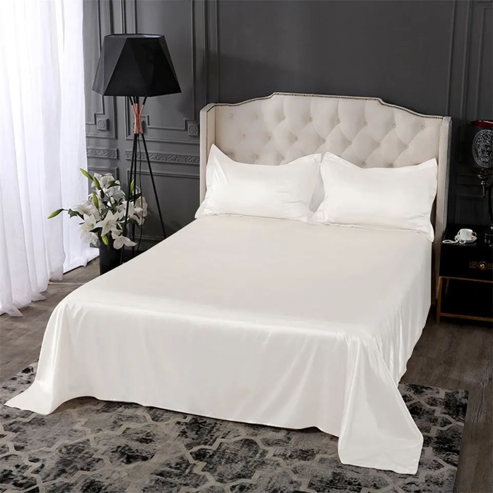 Liv-Esthete Luxury Silk White Flat Sheet Soft Pillowcase Bed Linen Christmas Gift Double Queen King Bed Sheet Healthy Sleep