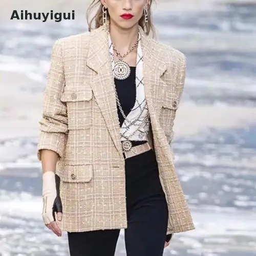 Aihuyigui осенне-зимние женские дизайнерские Подиумные твидовые шерстяная куртка-пальто тонкий зубчатый однокнопочный золотой костюм клетчатое пальто Dr664