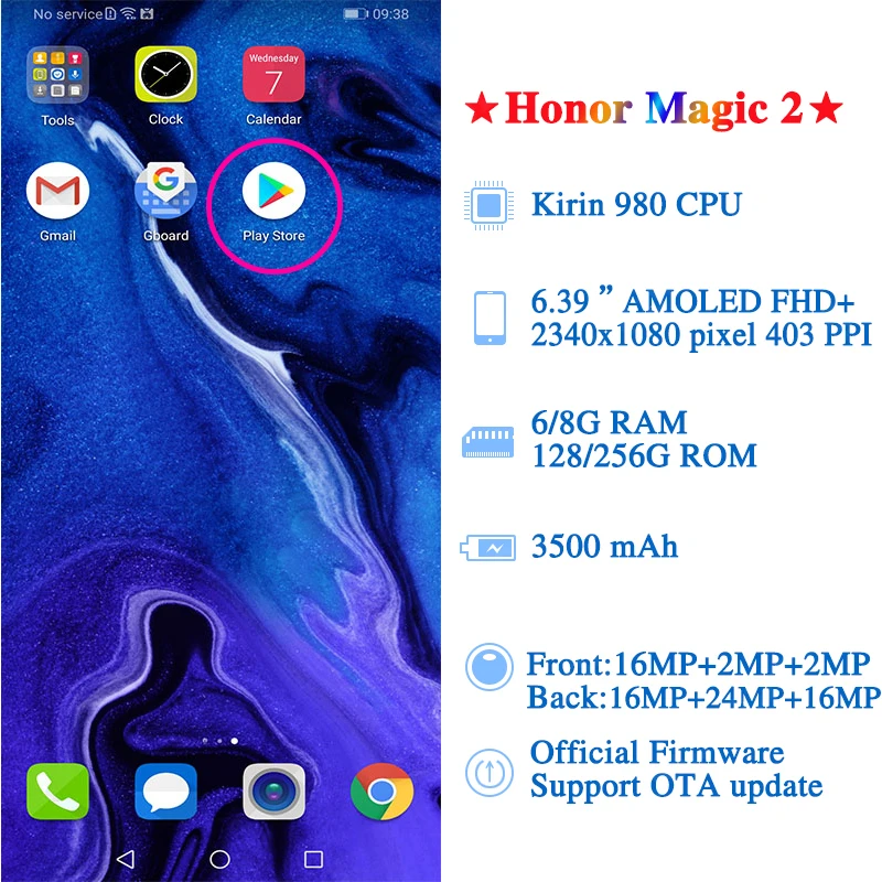 Оригинальный HONOR Magic 2 Мобильный телефон 6 39 дюймов 8 Гб 128 ГБ Kirin 980 Восьмиядерный