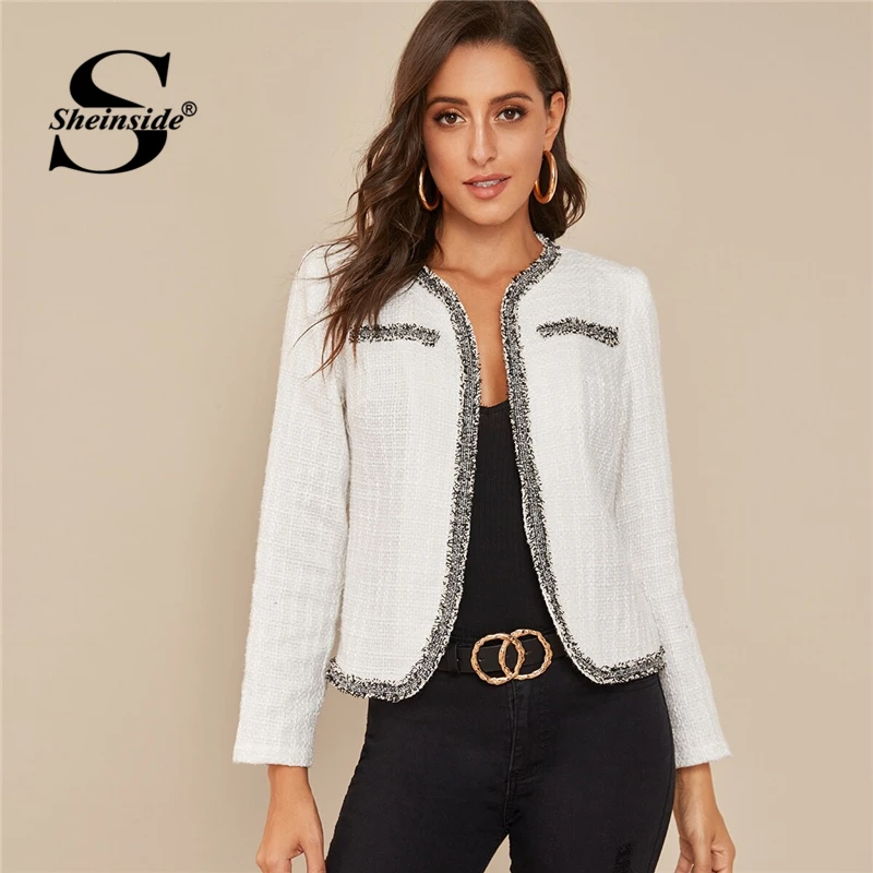 

Sheinside White Contrast Binding Tweed Jacket Women 2019 Autumn Elegant Workwear Outerwear Office Ladies Open Front Jackets