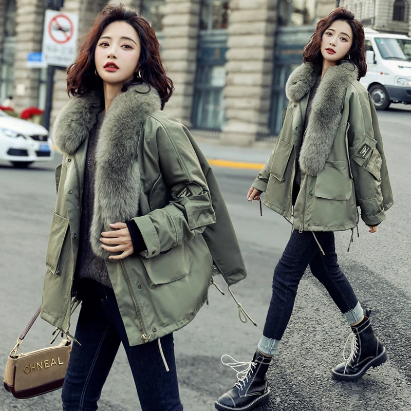 

2021 New Rabbit Fur Collar Parka Women Short Winter Cotton Coats Thicken Warm Cotton Jackets Woman Winter Fur Coat Loose Outwear