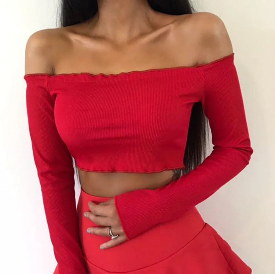 2019 Womens Sexy Off Shoulder Blouse Ladies Long Sleeve Ruffles Croped Tops Party Clubwear Solid Color Blouse S M L