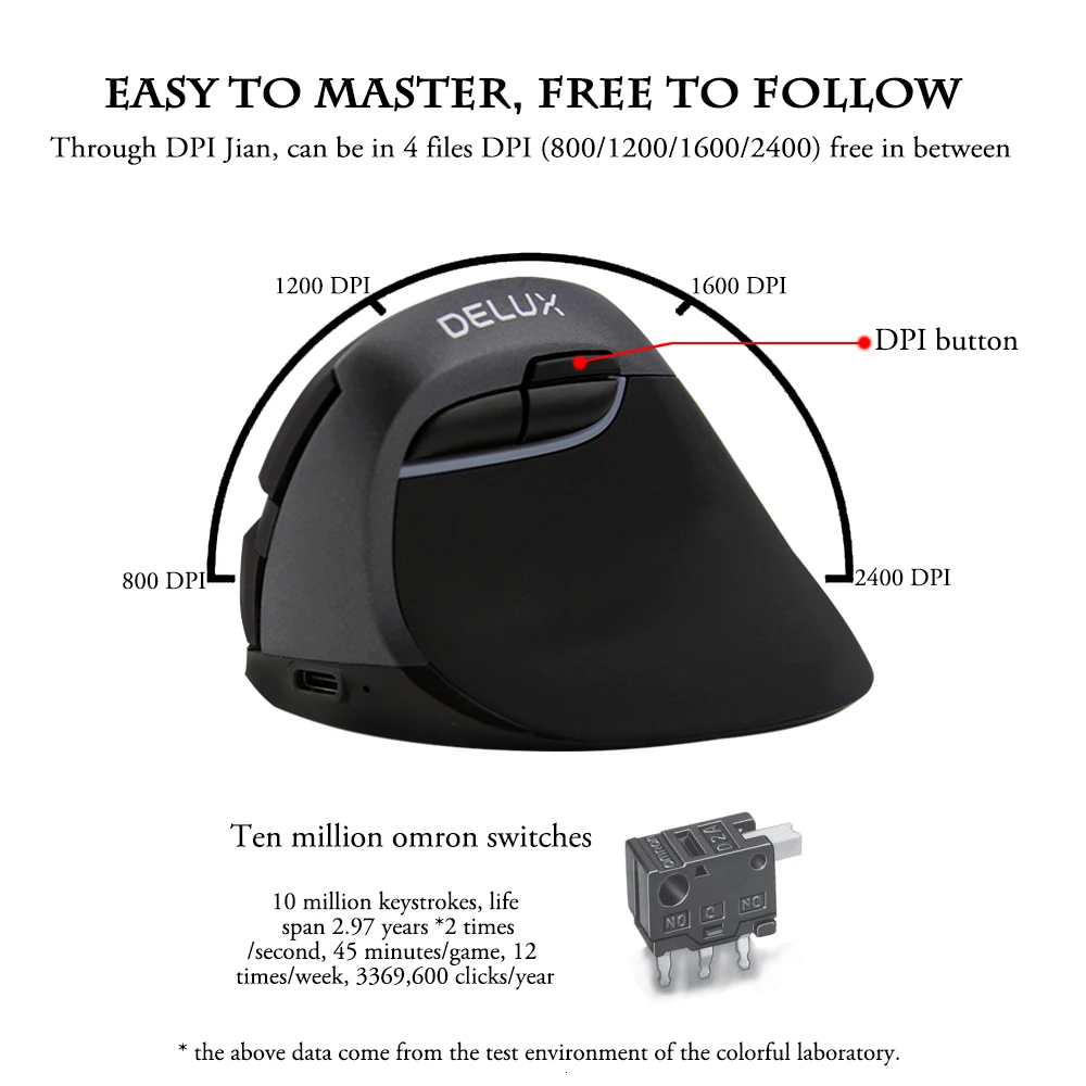 Delux M618 Mini Wireless Bluetooth Silent Vertical Computer Mouse 2400 DPI 6 Buttons Gaming Optical USB 5