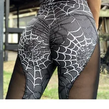 Черные, темные, паук на паутине, леггинсы с принтом, высокая талия, сетка, фитнес, женские леггинсы, дышащие, лоскутные, сухие, быстрые штаны