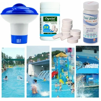 

For Pool 50 Test Strips+Floating Dispenser+100 Multifunctional Chlorine Tablets Floating Swimming Pool Chlorine Dispenser