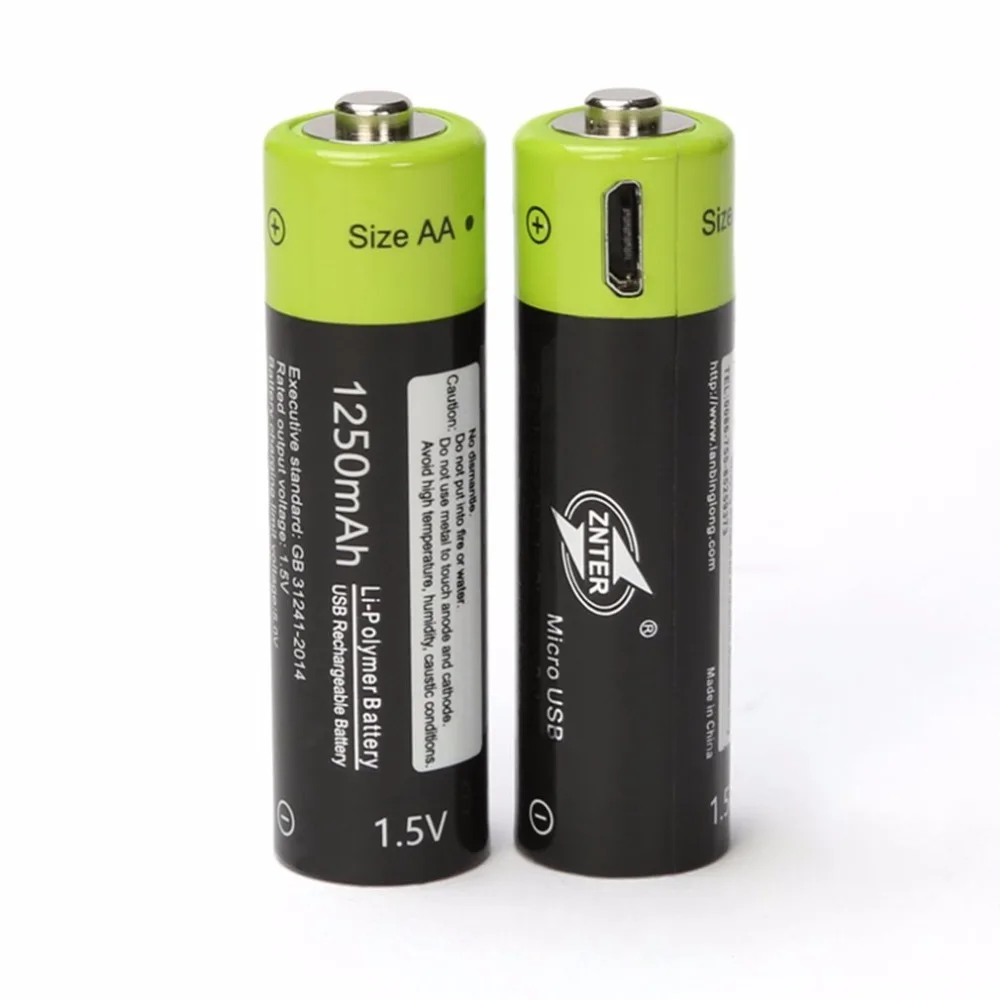 

ZNTER 2pcs Universal AA 1.5V 1250mAh USB Rechargeable Lithium Polymer Battery Charged by Micro USB Cable