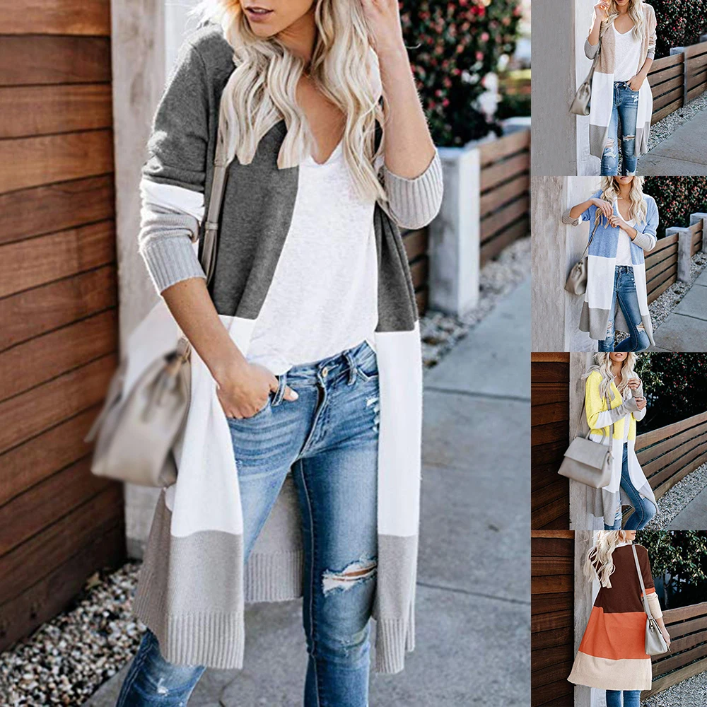 

Sfit 2020 Spring Women Sweater Striped Color Block Draped Loose Cardigan Long Sleeve Casual Knit Sweater Coat