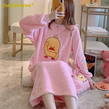 

New Soft Pink Duck Printing Woman Long Shirt Homedress Crew Neck Long Sleeve Flannel Winter Warm Girl Woman Sleep Dress
