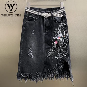 

Plus Size Denim Skirt Women Beading Embroidery High waist Mid Long Skirt Summer Fashion Loose Jeans Skirts With Belt