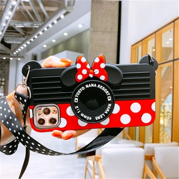

Cute 3D Cartoon Minnie Camera Bow Silicone Case For For iPhone 11 Pro Max X Xr Xs max 6s 6 7 8 Plus Cover with Lanyards