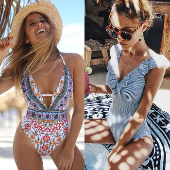 

Plus Size Swimsuit Sexy Vintage Stripe One Piece Swimwear Women 2020 Floral Ruffle Bathing Suit Backless Monokini Bikini Beach