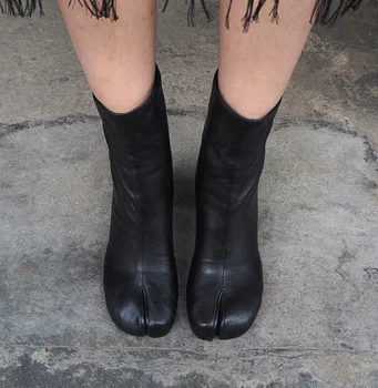 

Womens Block High Heel Split Toe Knight Combat Ankle Boots Shoes Zip Genuine Leather Black White Luxury Punk C891