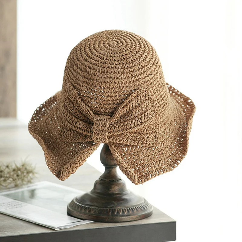 Raffia бант шляпа от солнца широкие свисающие поля летние шляпы для женщин Пляжная Панама соломенный котелок, Панама шляпа Femme Солнцезащитная шляпа - Цвет: LCE