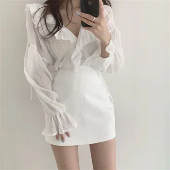 

Alien Kitty All Match Chic Chiffon Pleated Solid 2020 OL Loose Ruffles Casual Sweet Full Sleeves Streetwear Girls Tops Shirts