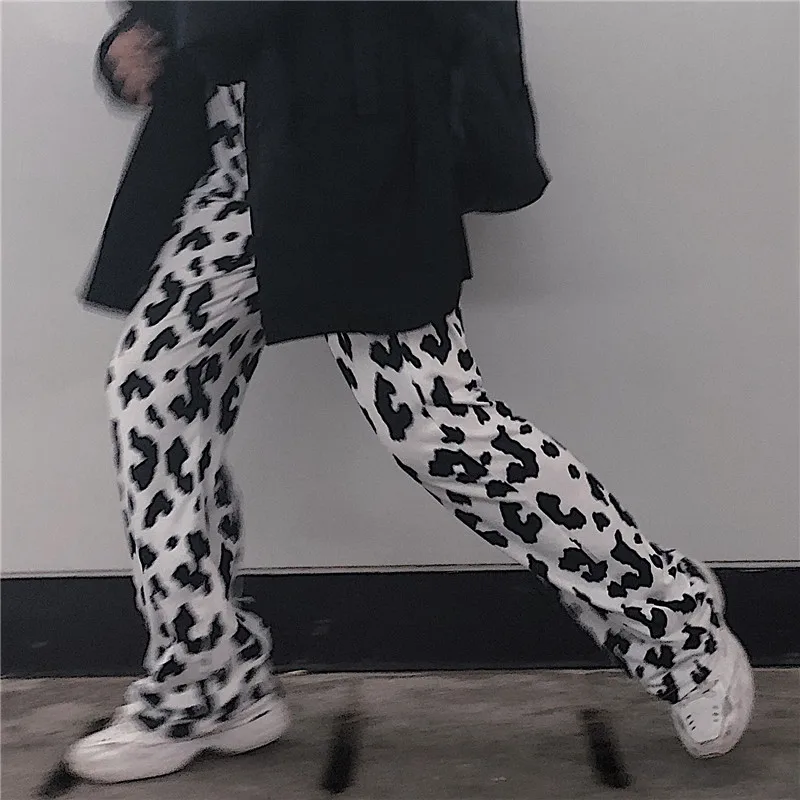 Deeptown Cow Print Wide Leg Pants for Women Korean Style Oversized Women Fashion Pants Harajuku Autumn 2020 Plus Size Trousers
