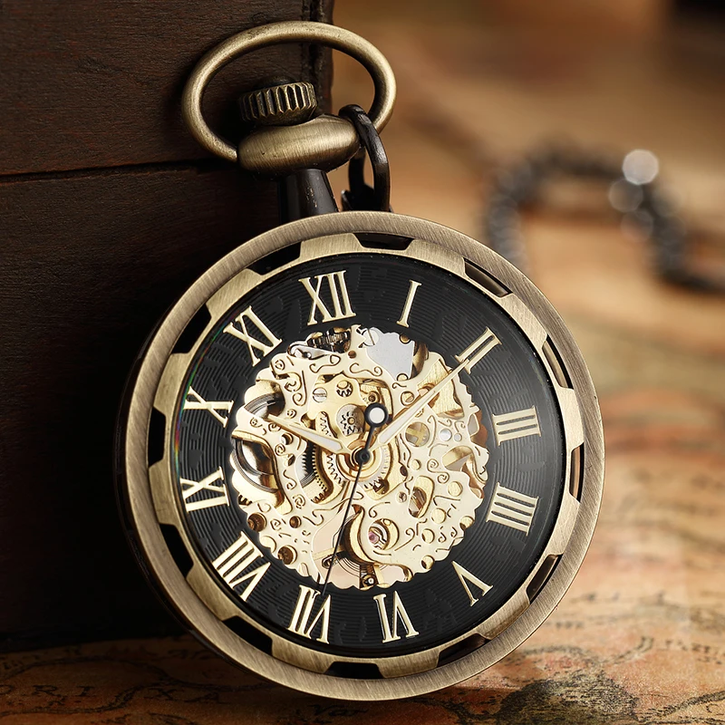 Gold Unisex Mechanical Fob Pocket Watch Vintage Necklace Watch Steampunk Skeleton Pendant Hand-winding Men Women Clock
