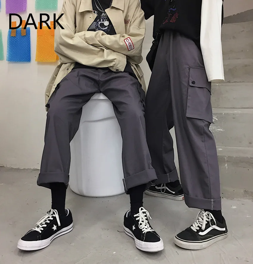 

Harajuku BF wind retro solid color loose wide-leg overalls cropped trousers couple men and women thin section
