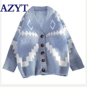 

AZYT Korean Loose V Neck Sweater Female Cardigan Streetwear Single-Breasted Knitted Sweater Coat 2020 New Cardigan Women Jacket