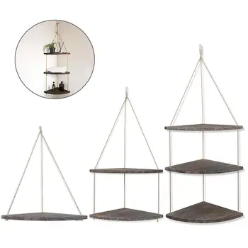 

Hanging Corner Shelf 1/2/3 Tier Rope Wood Wall Floating Shelves Rustic Organizer Displays Storage Rack Home Decor For Room