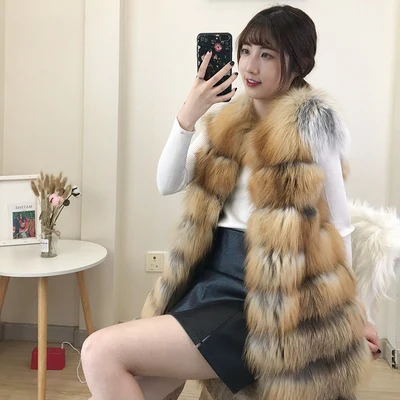 Новинка жилет из лисьего меха Женский Теплый и модный длинный пальто женский