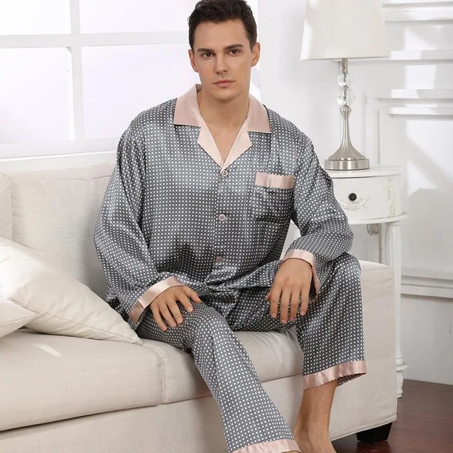 mens pjs sale Spring Mens Stain Silk Pajama Set Pajamas Men Sleepwear Modern Style Silk Nightgown Home Male Satin Soft Cozy For Sleeping mens flannel pajamas set Pajama Sets